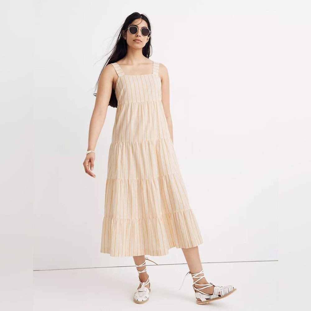 Madewell Striped Button-Back Tiered Midi Dress in April Stripe Pollen Size 4